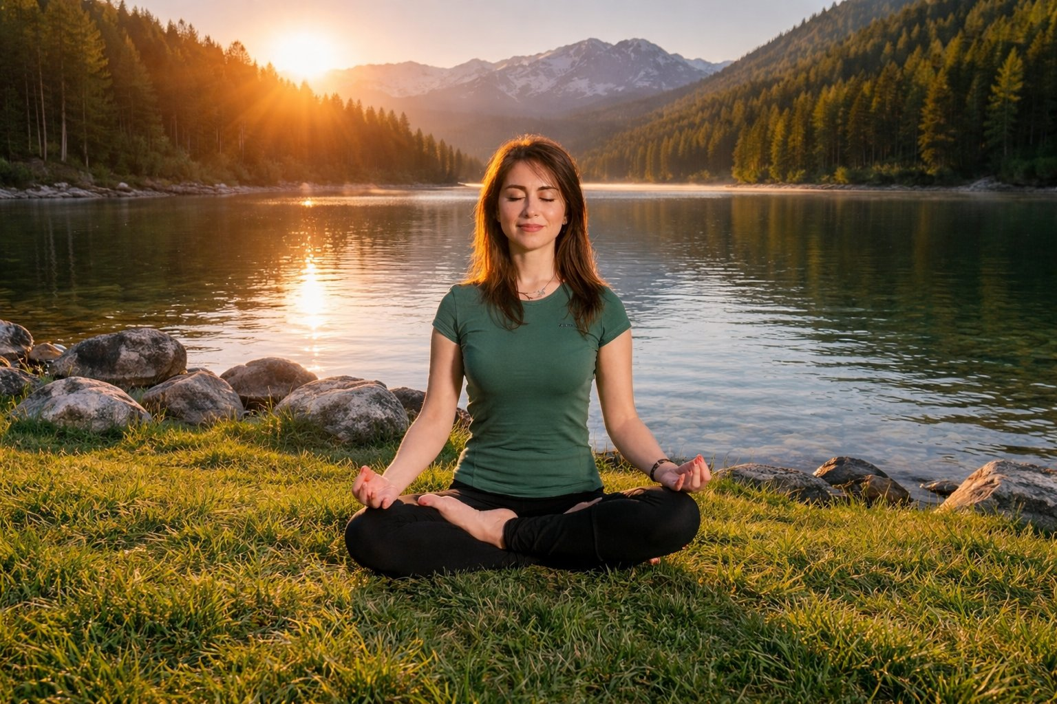 Azadeh meditating at sunset lake