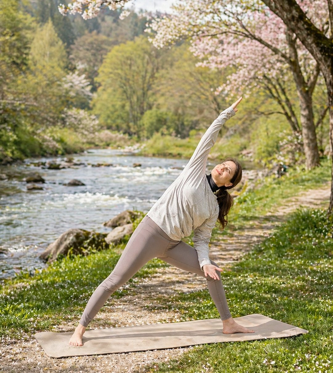 Azadeh — warrior pose by the river